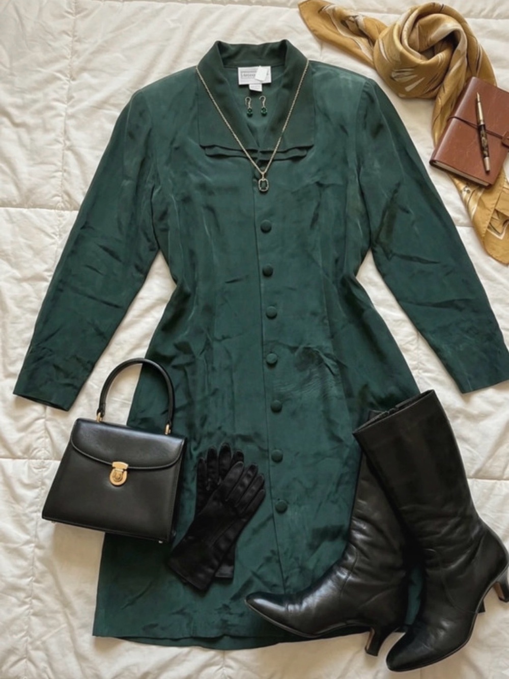 karin stevens Deep Green Long-Sleeve Button Dress